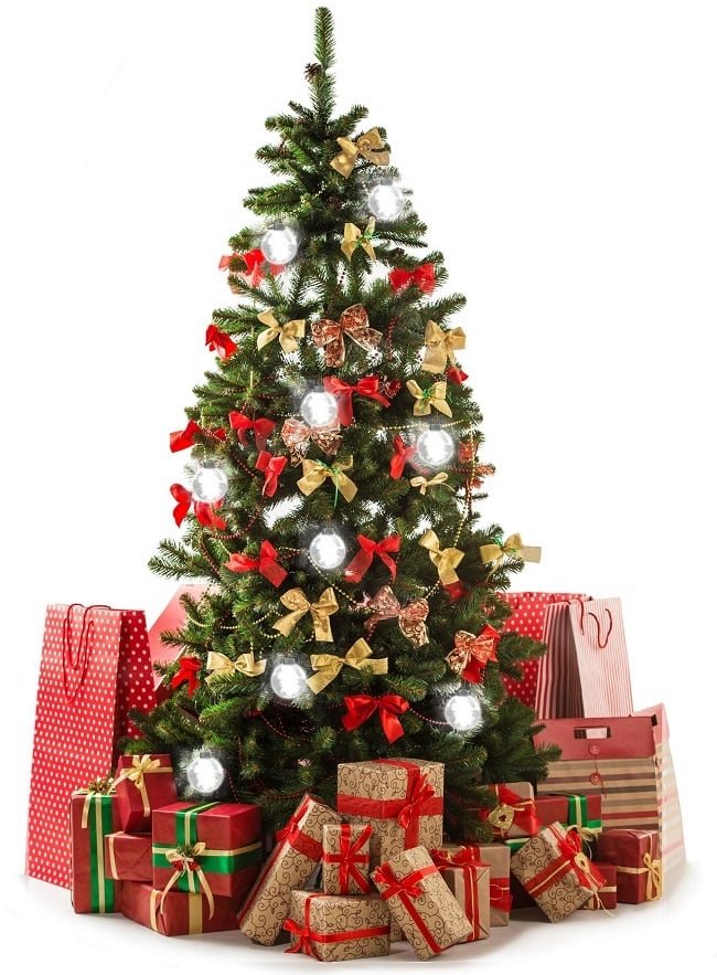 Beautiful christmas tree with gift boxes and shopping bags