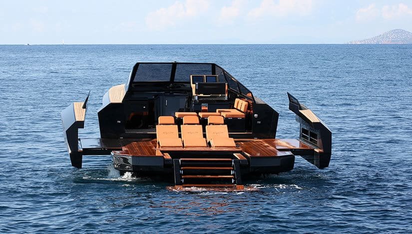 Back View, Evo 43 Transformable Luxury Boat