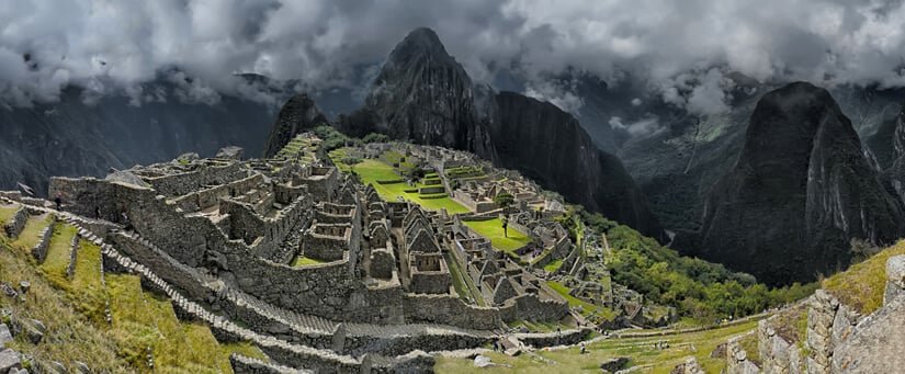 Panoramic view of Machu Picchu, with Huayna Picchu at the background