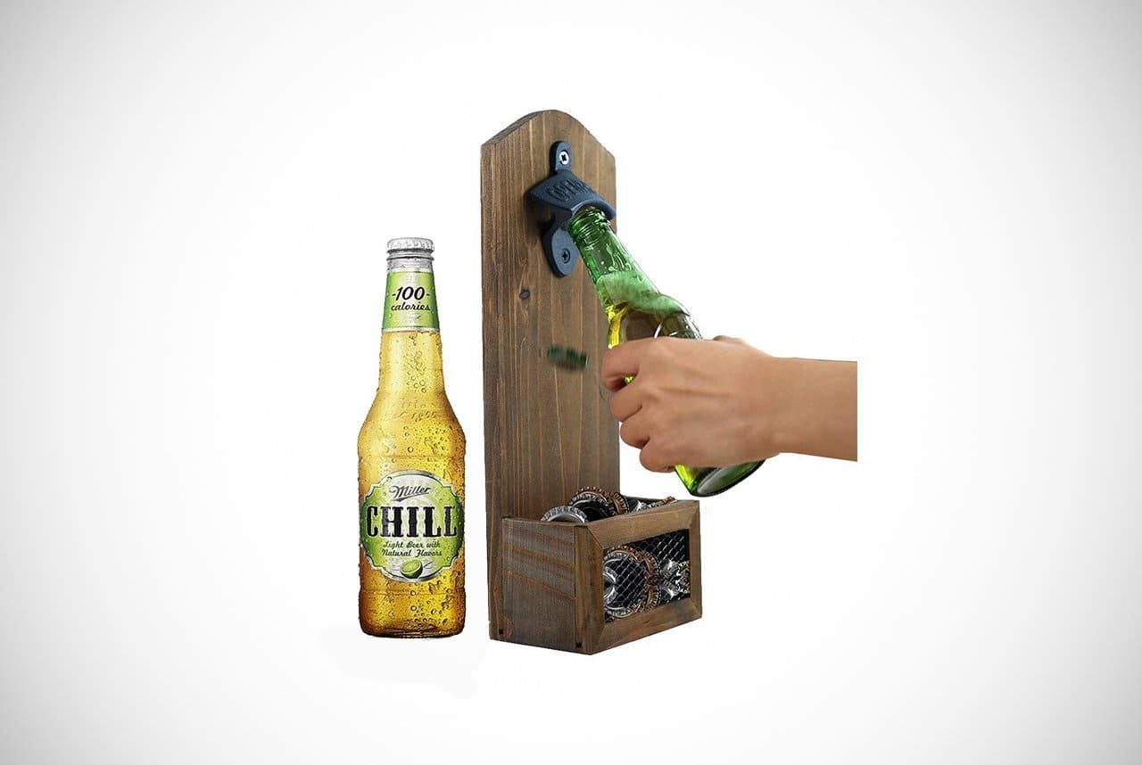 Wall Mounted Bottle Opener with Vintage Primo Gold Hawaii Beer Can Cap Catcher 