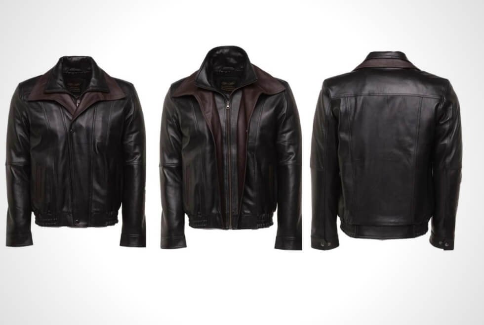 Byrne's brown and black Aviator style leather jacket with spread collars